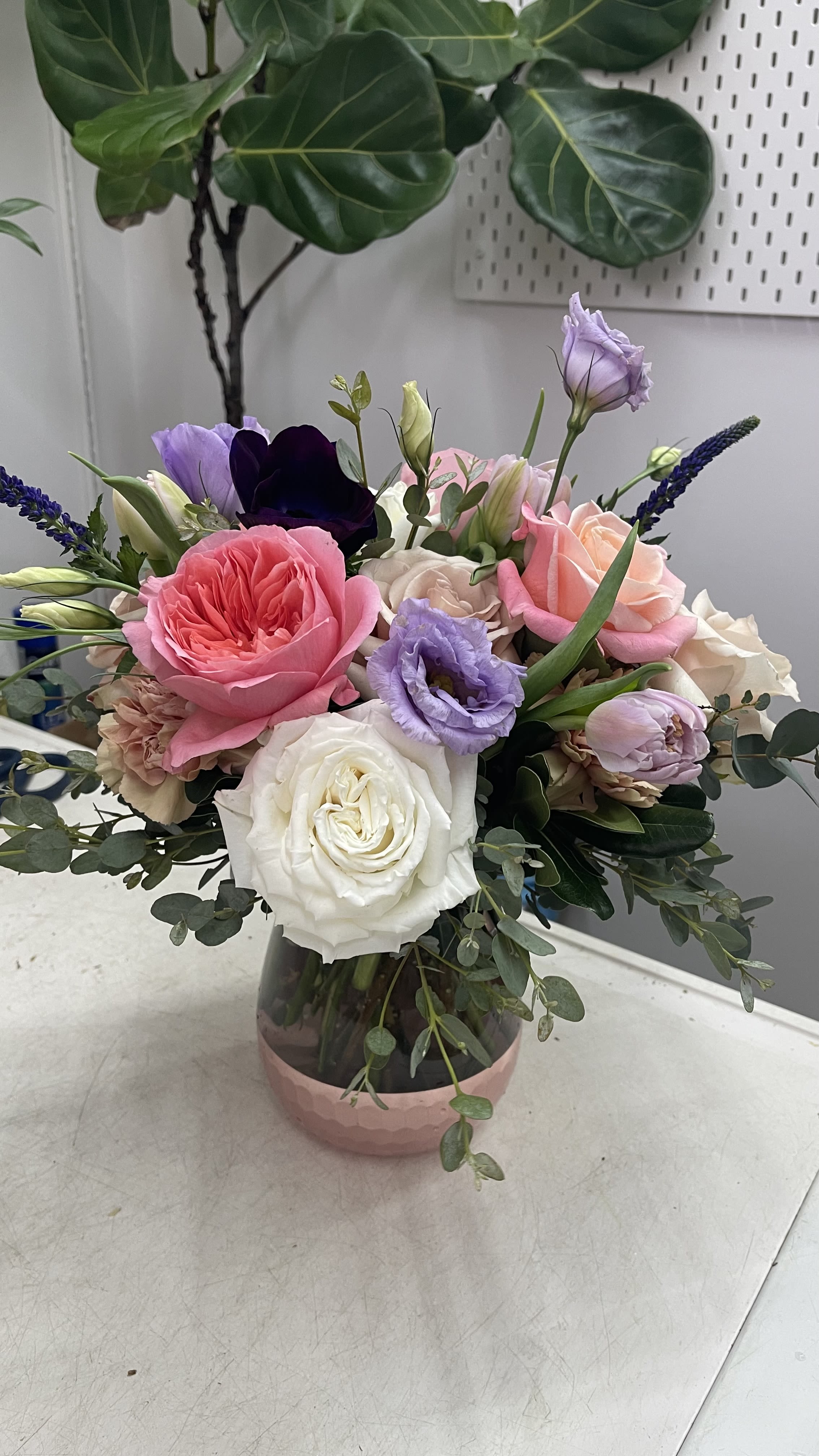 Time After Time - A mix of Garden roses and other premium blooms in a glass vase. *substitutions may be used to achieve a similar recipe and look. . 