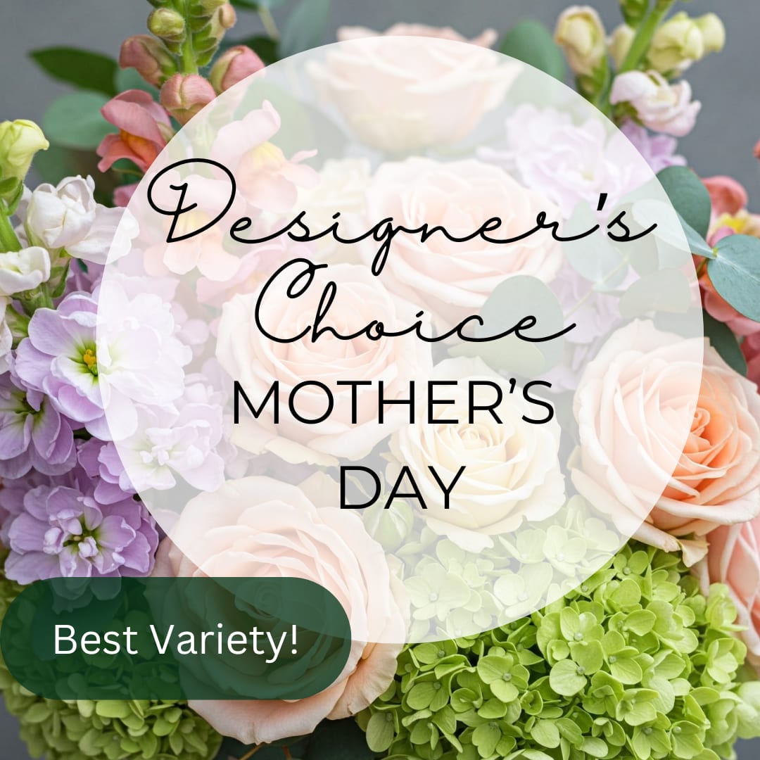 Mixed bouquet of pale roses, purple blooms, and green hydrangeas with Mother's Day text.
