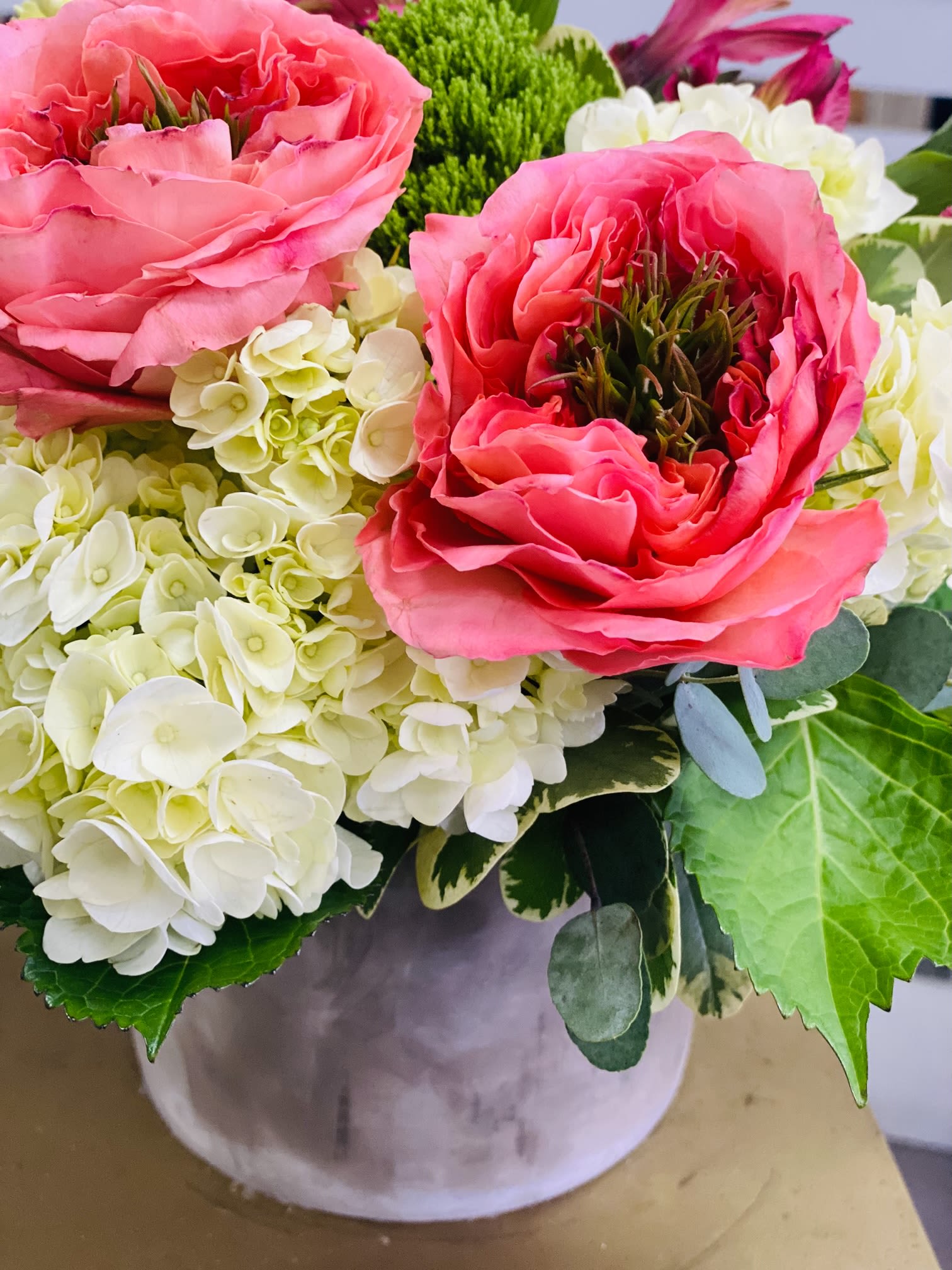 Garden Expression - Beautiful garden roses with green hydrangeas