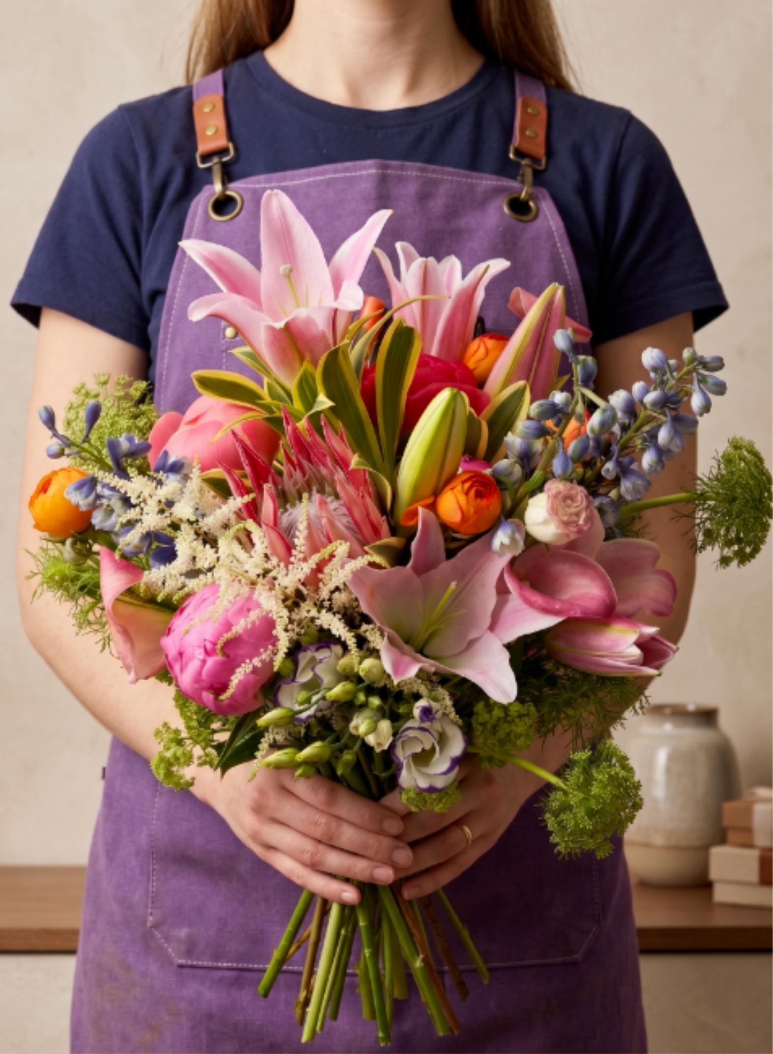 BP124 - The Vibrant Tropical Bouquet - This bouquet featuring a vibrant burst of bright pinks, rich oranges, and soft blues. Including pink lilies, peonies, and elegant calla lilies, beautifully contrasted with bold orange ranunculus, King protea and delphinium.   Seasonality: Peonies (available spring/early summer), Delphinium (available spring/summer).