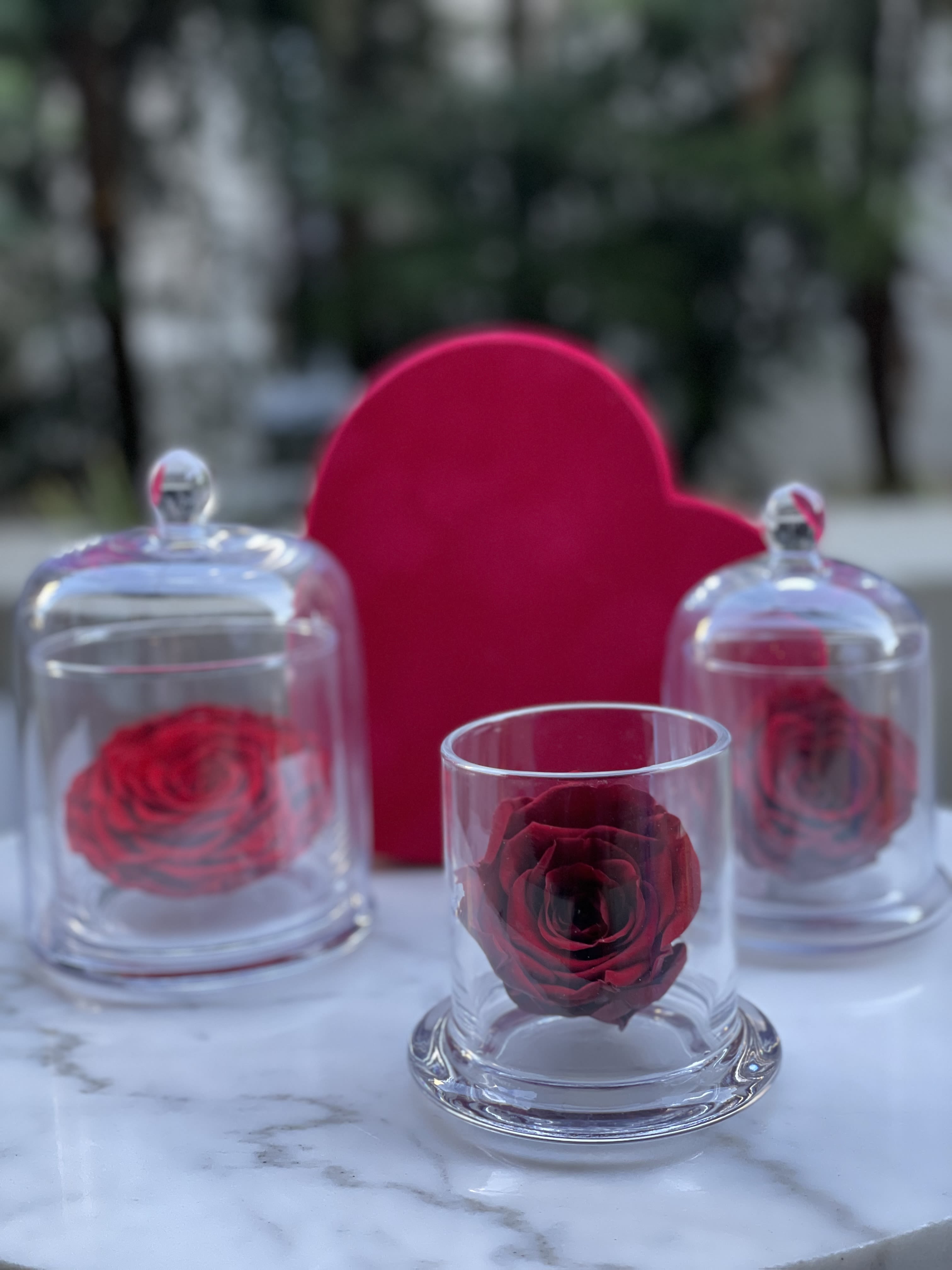 Three red roses displayed under glass domes with a red heart backdrop