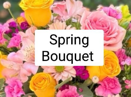  Spring Wrapped Bouquet “ Designer’s Choice  - Inspired in the happy colors of Spring this beautiful  bouquet is  crafted with premium roses, fancy carnations, pom pom daisies, fine alstromerias, seasonal filler flowers and fragrant green foliage Standard size It doesn't include a vase. Some flowers might vary depending on the season and availability. Recipient always receives beautiful blooms.