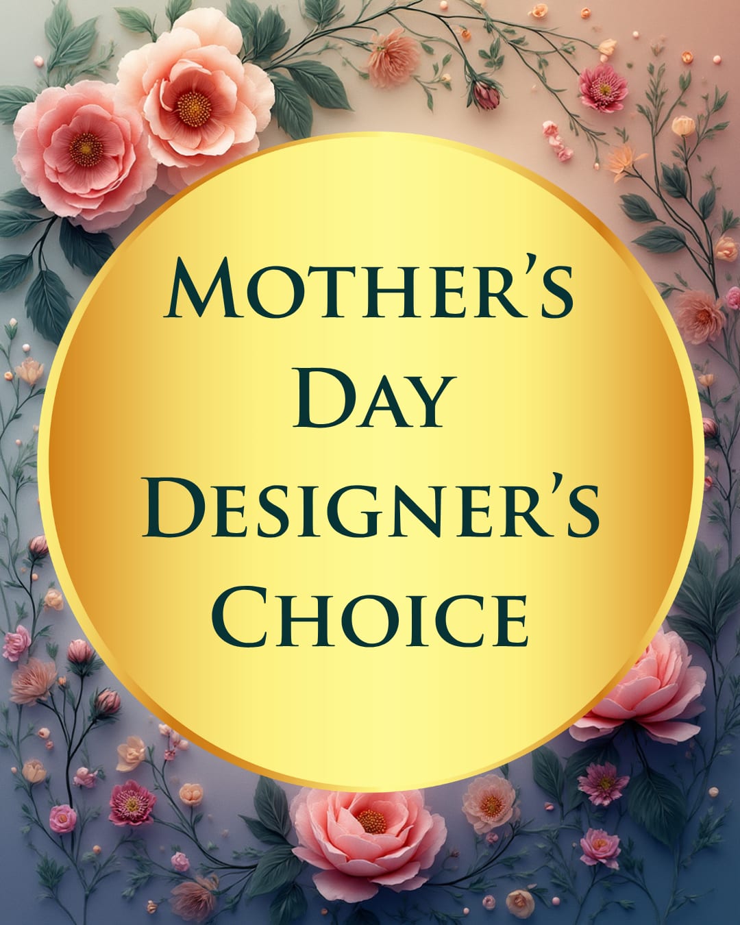Mother's Day - Soft pastels and joyful color make this Mother's Day flower arrangement feel like a warm hug for the person you're celebrating. As a Mother's Day arrangement (also perfect for spring birthdays or to say "thinking of you"), the design centers on a sunny yellow focal point surrounded by large pink blossoms, peach accents, and touches of muted blue and fresh green - a palette that reads feminine, uplifting, and effortlessly celebratory.  The composition is a designer's-choice style built from decorative, stylized floral elements rather than a strict bouquet, which gives it a graceful, gift-ready look suited to mantelpieces or as a cheerful centerpiece. Expect soft pink blooms to dominate with smaller pastel flowers and blue-muted backgrounds adding depth; the overall effect is light, textured, and springlike. Available in sizes to suit intimate or larger celebrations - perfect for the mother, grandmother, or special woman who deserves to feel seen and loved this season.