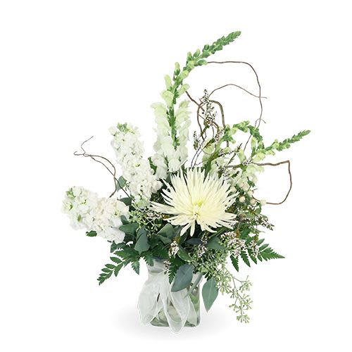 Simple Sorrows - A graceful and elegant floral arrangement featuring crisp white blooms accented with lush greenery and artistic curly branches. Designed in a clear glass vase, this piece offers a serene, sophisticated touch—perfect for expressing sympathy, celebrating a special occasion, or adding timeless beauty to any space.