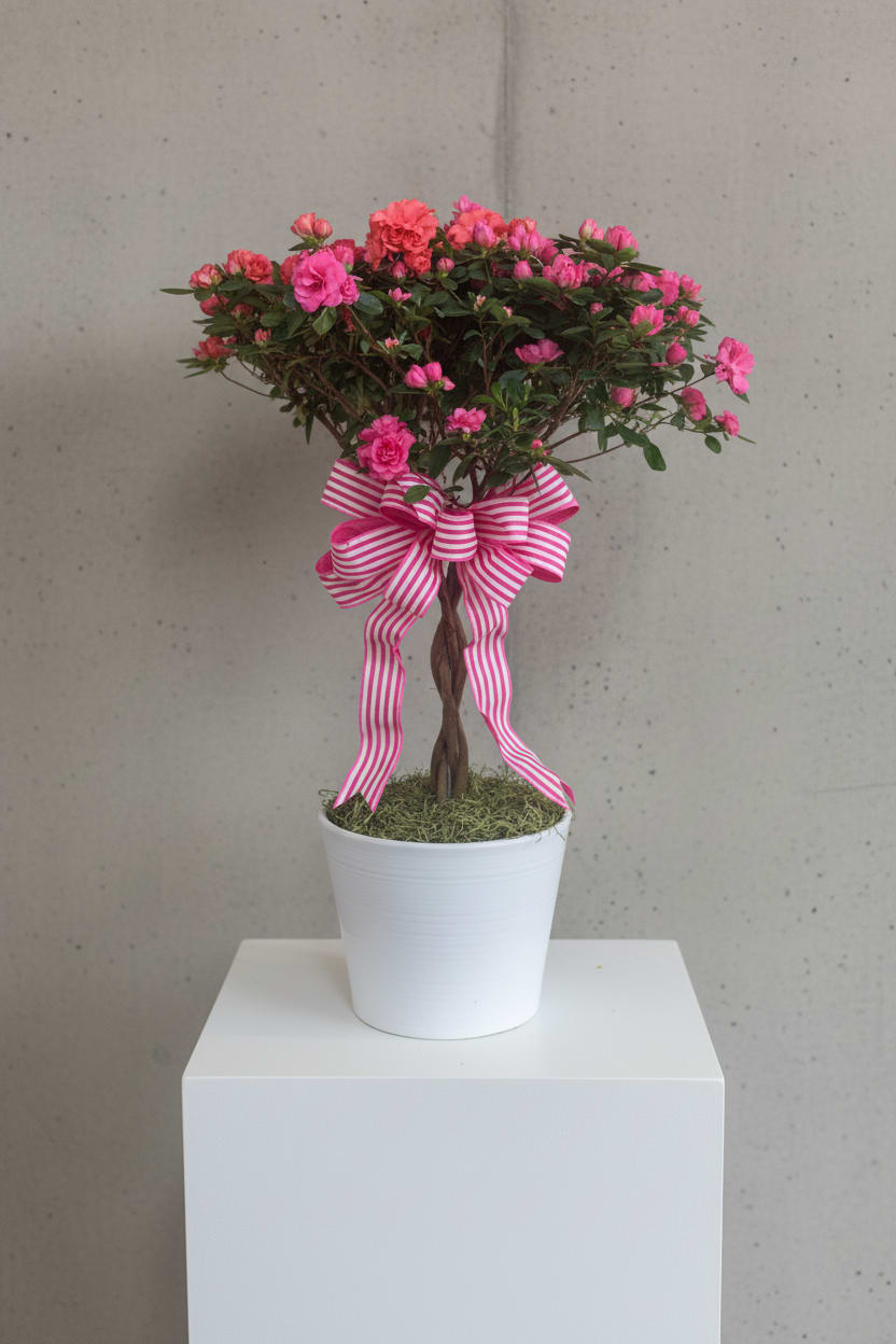 Braided Azalea Tree - This pretty azalea tree serves up a plethora of pink petals. Absolutely stunning with a braided stem in a ceramic pot. It can be placed on a front porch or be planted outside and enjoyed for years to come. What a perfect present!  A beautifully robust pink azalea is hand-delivered in a lovely white ceramic planter*   *Color of Tree and bow to match may vary depending on availability  *White Ceramic pot design my vary depending on availability   