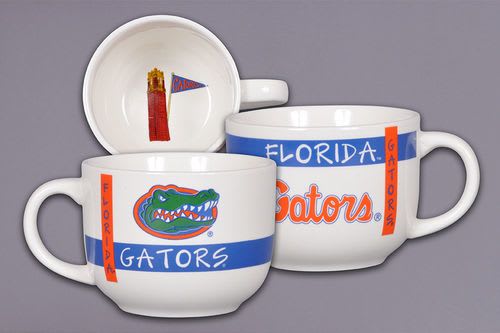 Three white mugs with Florida Gators logos and text
