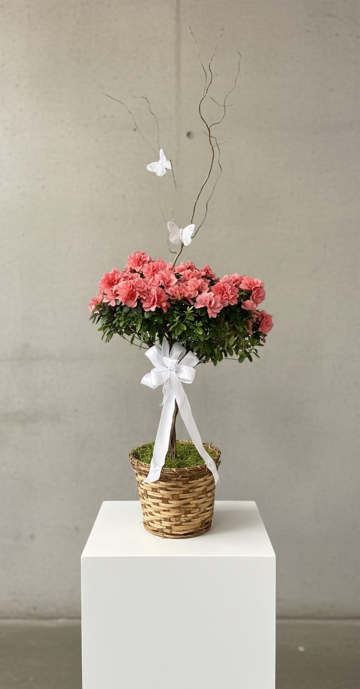 Braided Azalea Tree in Basket - This pretty azalea tree serves up a plethora of salmon colored petals. Absolutely stunning with a braided stem in a basket with curly willow and butterflies. It can be placed on a front porch or be planted outside and enjoyed for years to come. What a perfect present!  A beautiful salmon colored azalea is hand-delivered in a natural wicker basket*  *Color of Azalea and Butterflies will vary depending on availability.