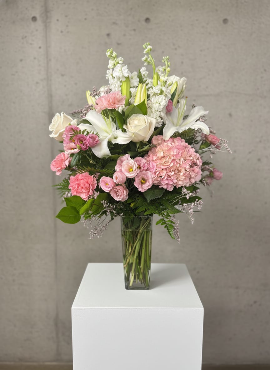Pink Whisper - “Pink Whisper” is soft and effortlessly elegant. Fluffy pink and white hydrangeas create a lush, cloud-like base, setting a gentle tone for the arrangement. White stock rises through the design, adding height and a light, airy fragrance, while graceful white lilies open with a refined, classic beauty.  White roses bring a timeless touch, their smooth petals complementing the ruffled texture of pink carnations. Delicate pink alstroemeria weave throughout, adding subtle detail and movement, while sprigs of pink misty fill the spaces with a soft, dreamy haze.  All of the blooms are gathered in a tall vase, allowing the arrangement to feel elevated and flowing. The overall effect is serene and feminine—like a quiet, graceful moment captured in flowers.