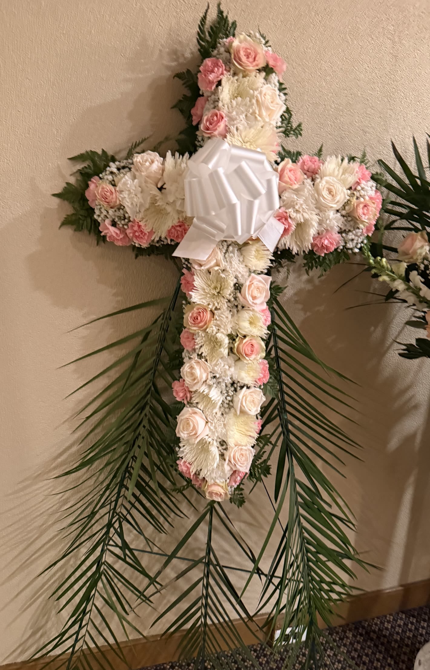 Floral Cross w/Jumbo ribbon  - Choice of color roses may be applied based upon availability 