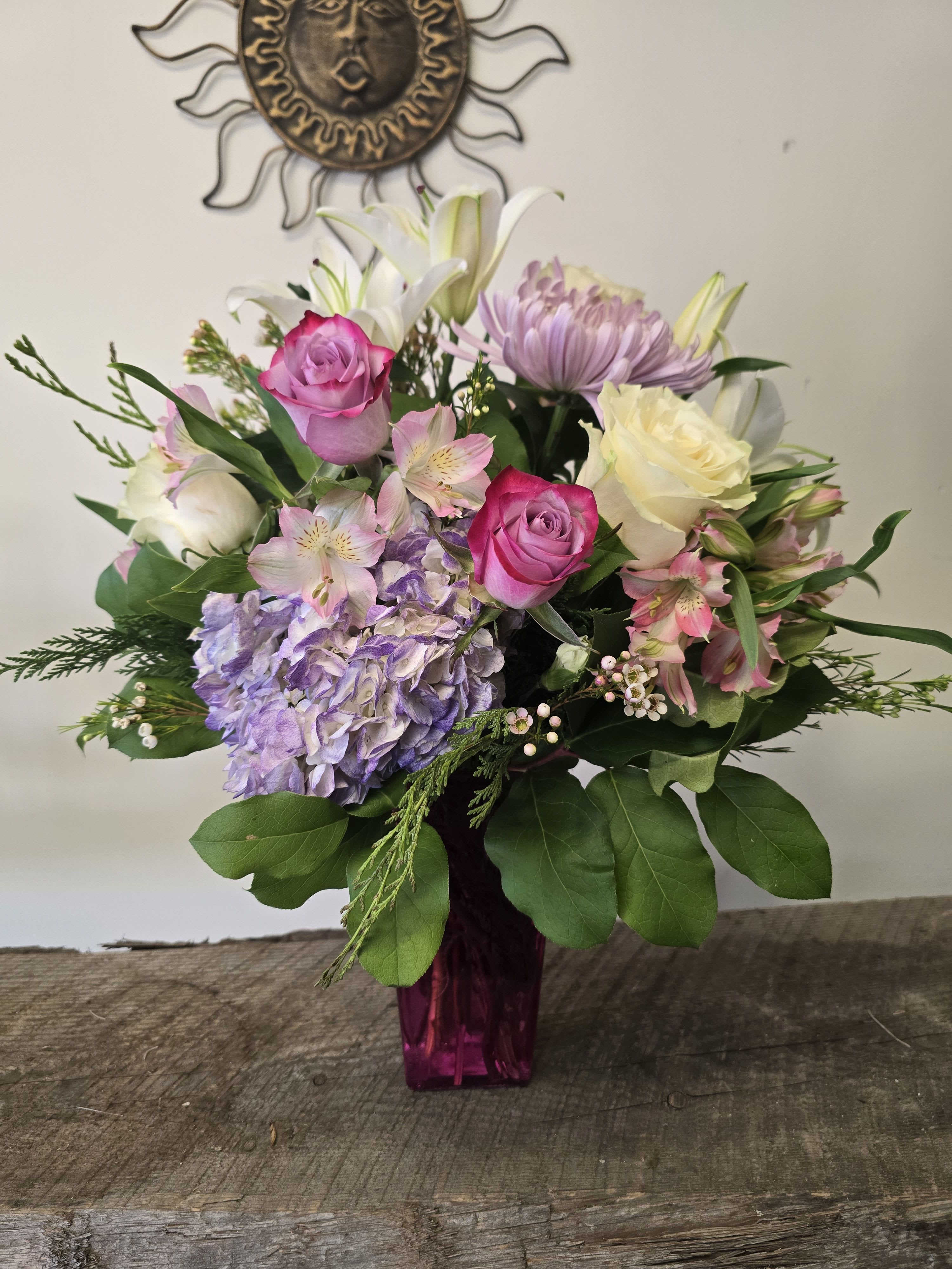 I Love you Mom - A beautiful arrangement with white lilies , alstromeria, white and pink roses abs hydrangea. 