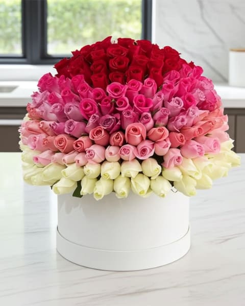 Eternal Bloom Box - A lush dome of roses that reads like a love letter: this flower arrangement for anniversaries, Valentine's Day, or wedding gifts places deep red, bright and soft pinks, and pale cream roses in a tight, gradient cluster to create a rich, romantic statement. The compact, layered presentation gives the person you're thinking of a moment of pure, timeless elegance - the kind of gift that makes them feel deeply celebrated and cherished.  Carefully set in a smooth white round hat box, the design keeps the eye on the full-bloom texture and graceful color transition while offering a refined, modern silhouette that fits on a table or mantel. The dense, dome-shaped bouquet is compact yet lush, delivering maximum visual impact in a neat, easy-to-display format; order as a memorable anniversary bouquet, a heartfelt Valentine's arrangement, or a wedding-day gift to convey lasting devotion.
