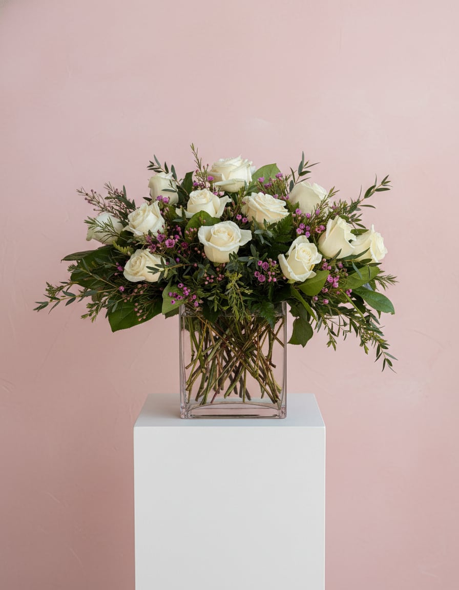 Arrangement of white roses with pink filler flowers in a clear glass cube vase against a pink background
