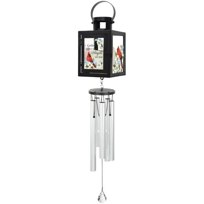 "Cardinals" Appear Lighted Lantern Wind Chime - Our lantern chimes are comprised of powder coated stainless steel, a flameless LED candle lantern made with a high quality black finish and a chime made with aluminum tubes, industrial cord, and high quality glass crystals. The lantern features an automatic timer and requires 3 AAA batteries that are included. Beautiful gift to be given for the lost of a loved one or in remembrance of a loved one that will last for years to come.   L: 25" W: 4" D: 4"