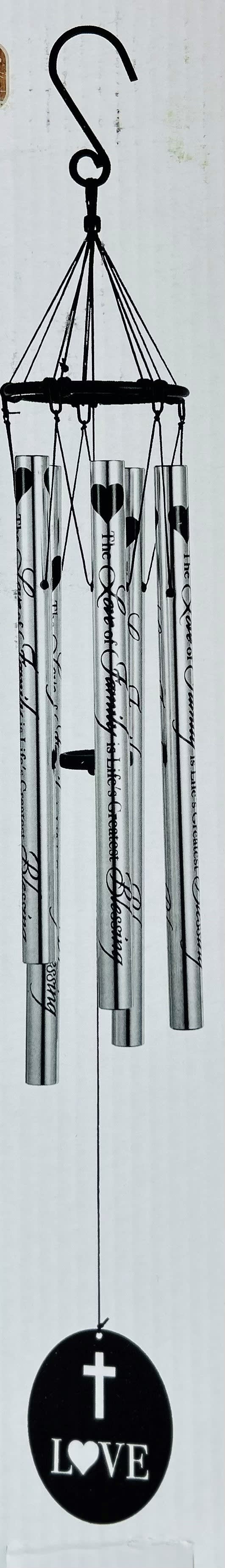 Black metal wind chime with engraved tubes and a LOVE pendant