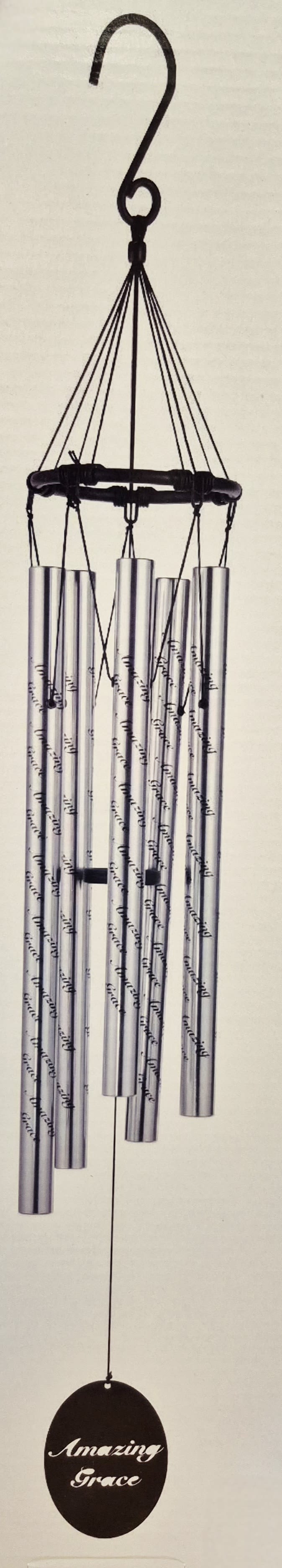 Hanging metal wind chime with silver tubes and an oval "Amazing Grace" tag