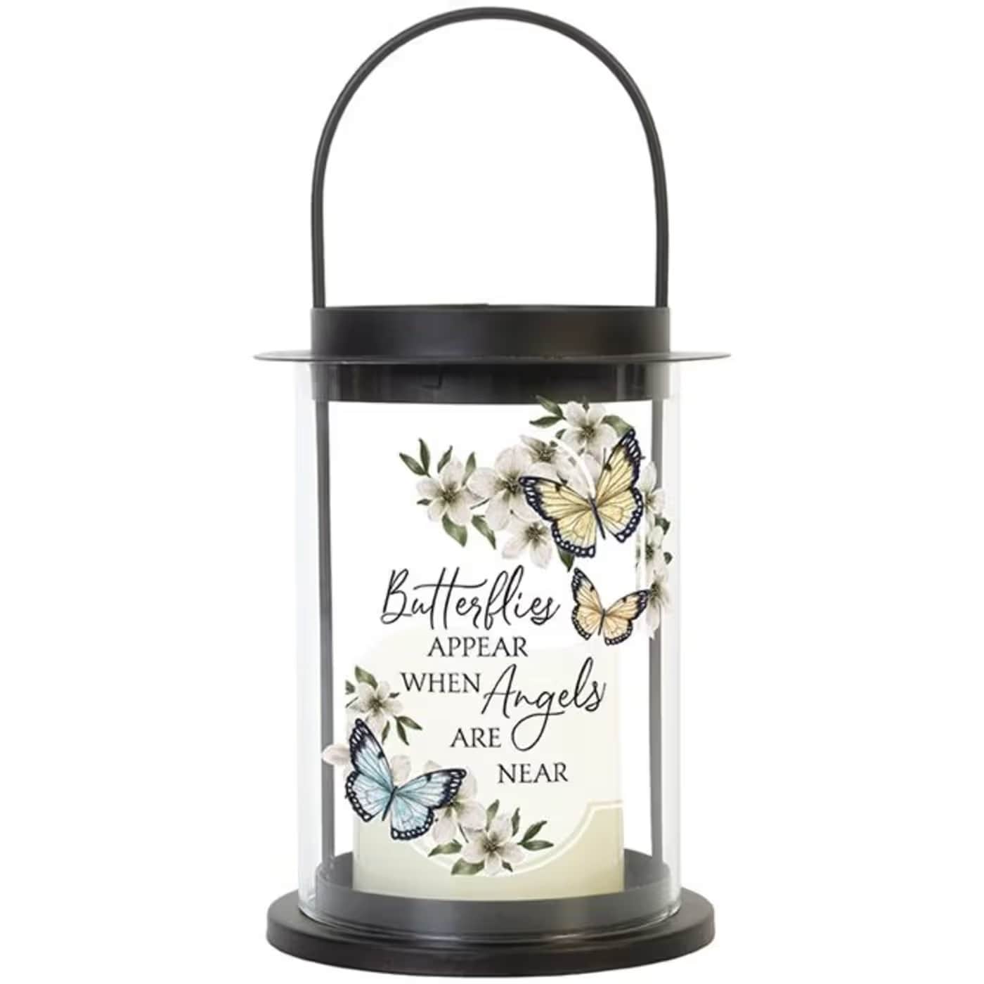 "Butterflies Appear" Lighted Cylinder Lantern - The "Butterflies Appear" silhouette lantern consist of a built in flameless LED candle encased in a lantern made with quality UV printed glass and a powder coated metal base, rim and handle. The candle has a built in timer that runs for 6hrs ON and 18hrs OFF. 3 AAA batteries are included. Consider hanging lantern from a tabletop lantern stand as a stunning way to display. Delivered with a matching bow on lantern.   H: 10.25" DIA: 5"