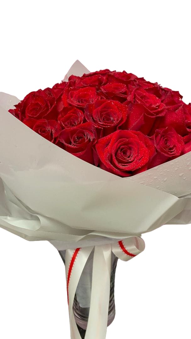 Bouquet of red roses wrapped in white paper with a ribbon