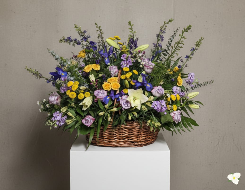 Mixed flower arrangement in a wicker basket with purple, yellow, and white blooms