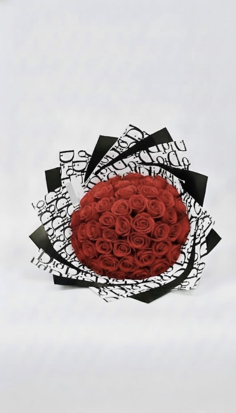 Round bouquet of red roses wrapped in black and white paper