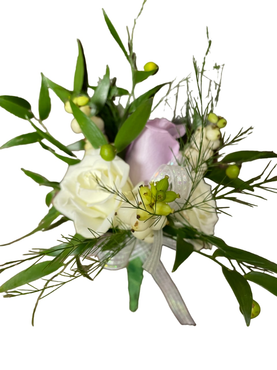 White rose bouquet with green berries and ribbon