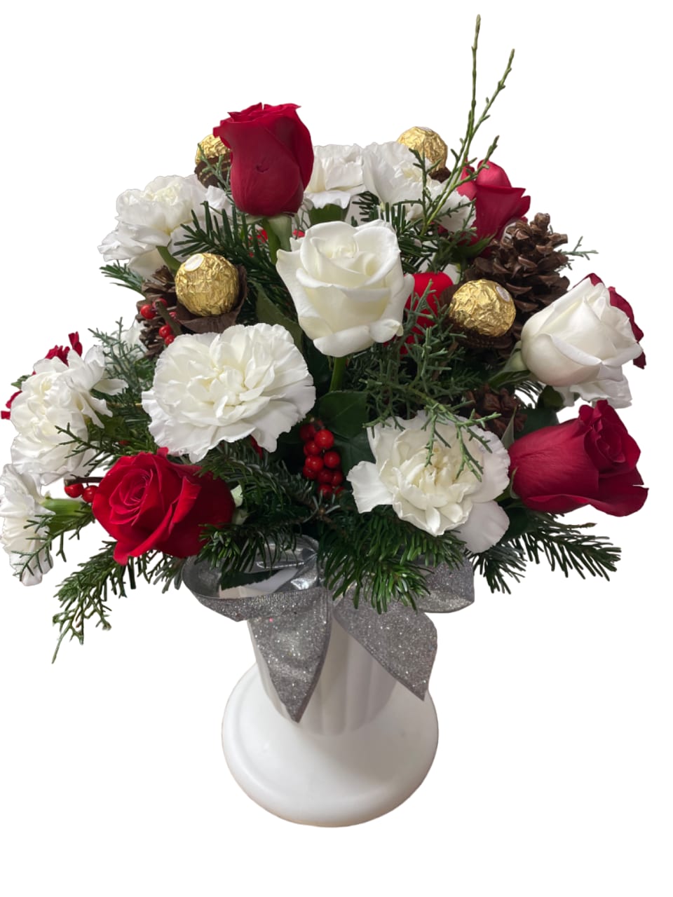 Red and white roses with carnations in a white vase