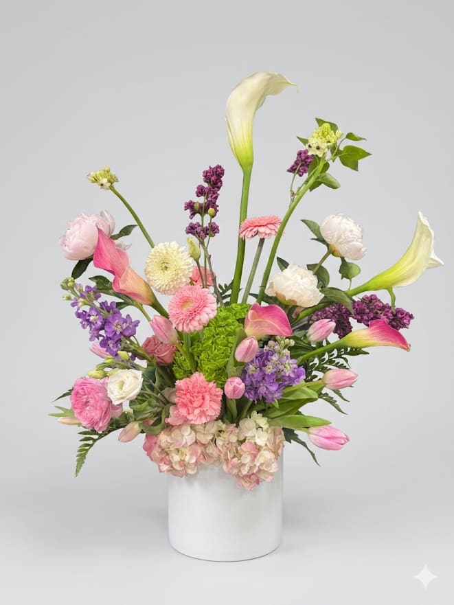 Pink Cheeks Bouquet - Peonies, Calla Lilies, Tulips, Stocks, Hydrangea with greenery in a Vase While we may seasonally need to substitute for flower variety also we may sometimes need to use a different vase or different greens for sub material. 