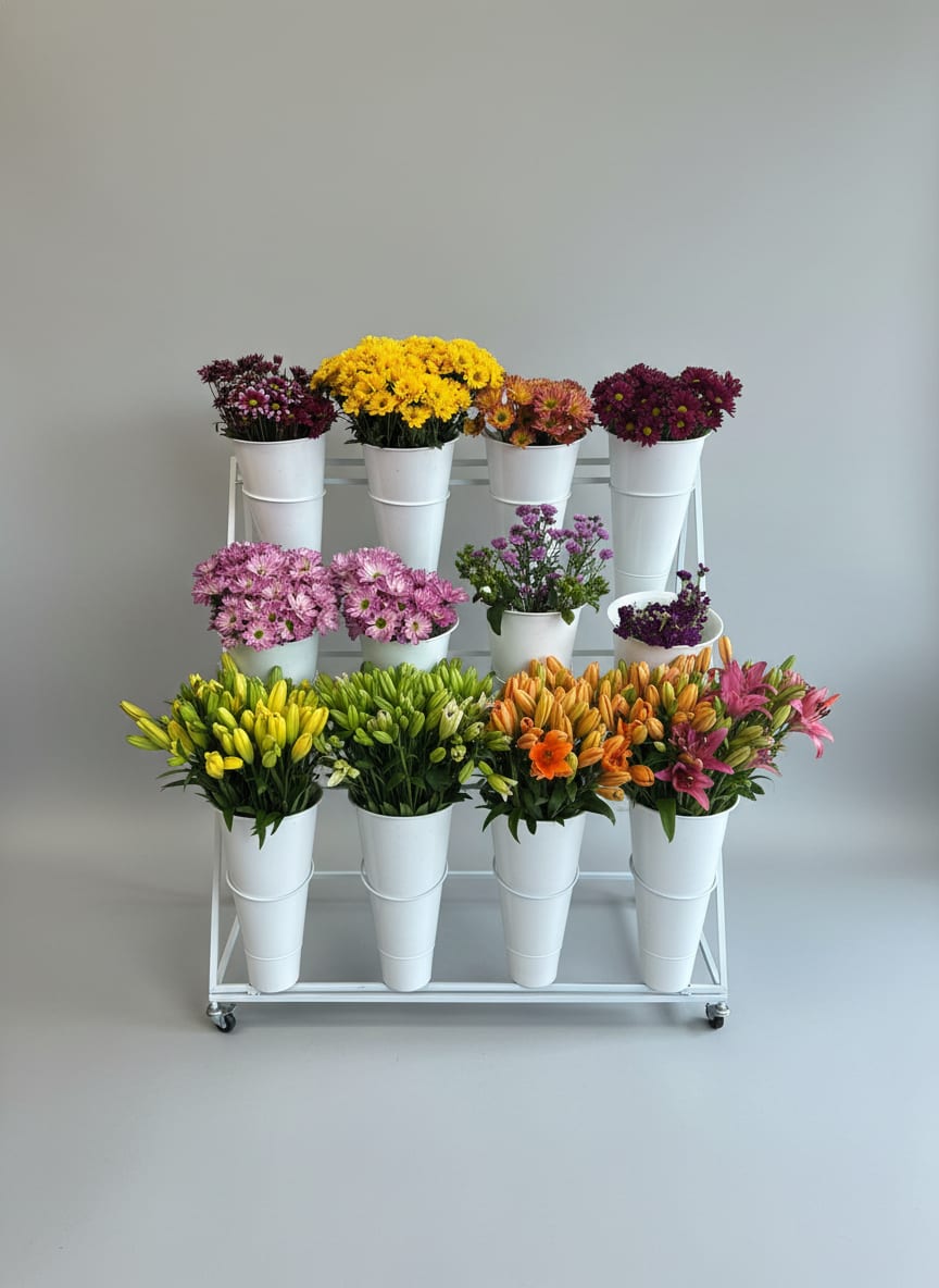 Flower bar rentals  - A tiered market-style flower bar that turns event décor into an interactive, celebratory moment - perfect for weddings, graduations, receptions, and large gatherings. This flowers-for-events display features rows of matching white cone vases on a wheeled metal rolling rack and stand, so guests can browse and choose colorful stems themselves or the bar can serve as a vibrant decorative focal. The mixed-color palette-bright yellow, pink, purple, orange, coral and deep burgundy-reads joyful and festive, ideal for creating an upbeat atmosphere.  Each cone holds a compact grouping of mostly chrysanthemums for dense, textural color, with lilies and alstroemeria placed on lower tiers to add height, scent, and variety. The presentation is organized by color into coordinated clusters, giving strong contrast and a lively market feel while remaining tidy and photo-ready. Hard goods included are white cone vases plus the metal rolling rack and stand, giving you a structured, mobile installation that fits receptions, entryways, or buffet areas.  Designed for guests to feel delighted and noticed, the flower bar makes the recipient or attendee feel celebrated-whether you're honoring a graduate, toasting newlyweds, or staging a seasonal party. Since the display is modular and wheeled, we can size it to your event footprint; ask about available quantities, delivery, setup, and simple care tips to keep blooms fresh through your celebration.