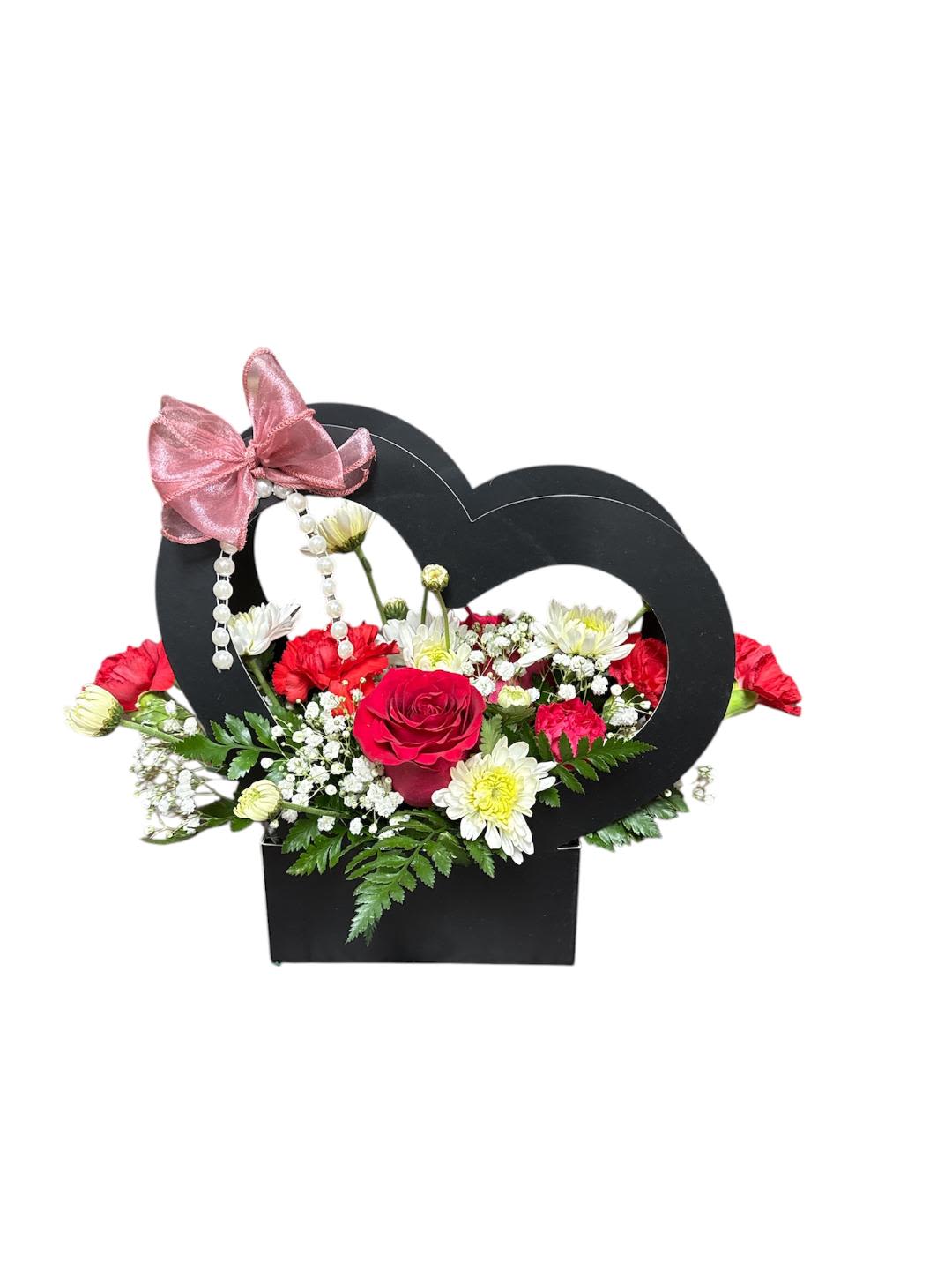 Heart basket bouquet 13 - Heart basket bouquet 13 Please note that substitutions may be necessary due to availability. We will always preserve the overall style and color scheme, using items of equal or higher value.