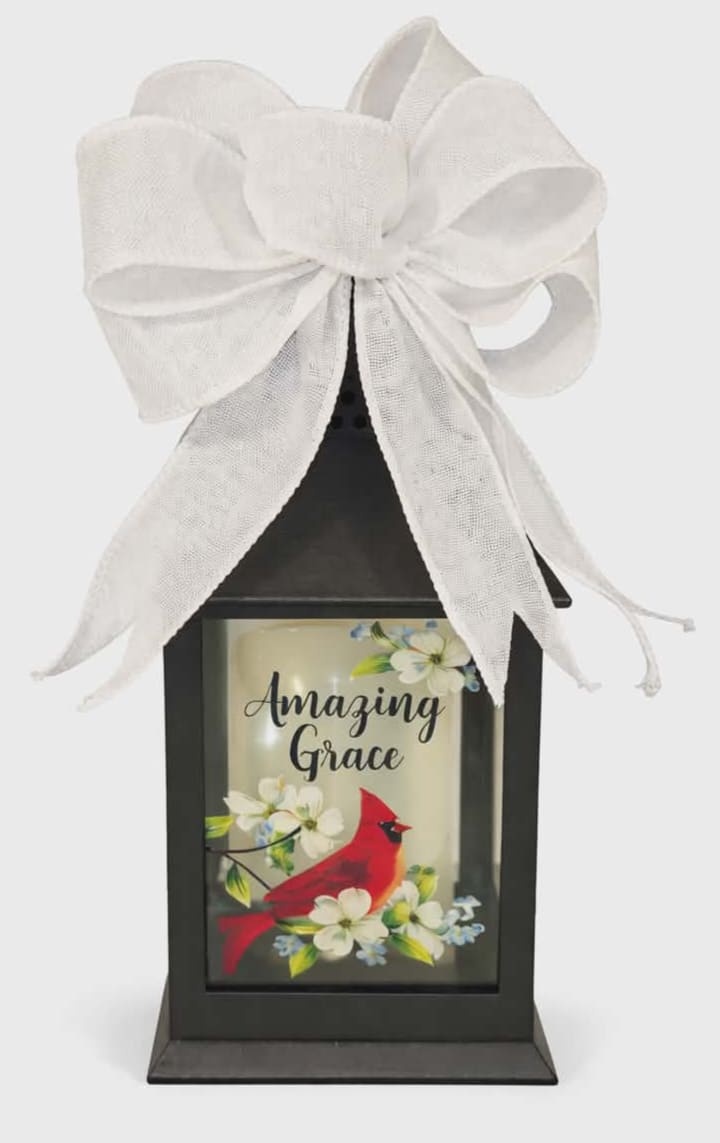 Black lantern with a white bow and a cardinal floral design