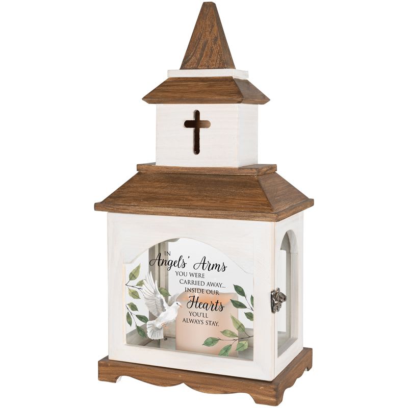 Angels Arms Lighted Wooden Lantern - These beautiful sympathy lanterns are made with quality wood and uv printed glass artwork with sentiment. The flameless LED candle features a built in automatic timer 6 hours ON/18 hours OFF.  3 AAA batteries are included and a beautiful bow is added.   Lantern Reads: "In angels’ arms you were carried away… inside our hearts you’ll always stay."  W: 8.75" H: 18.25" D: 5.5" 