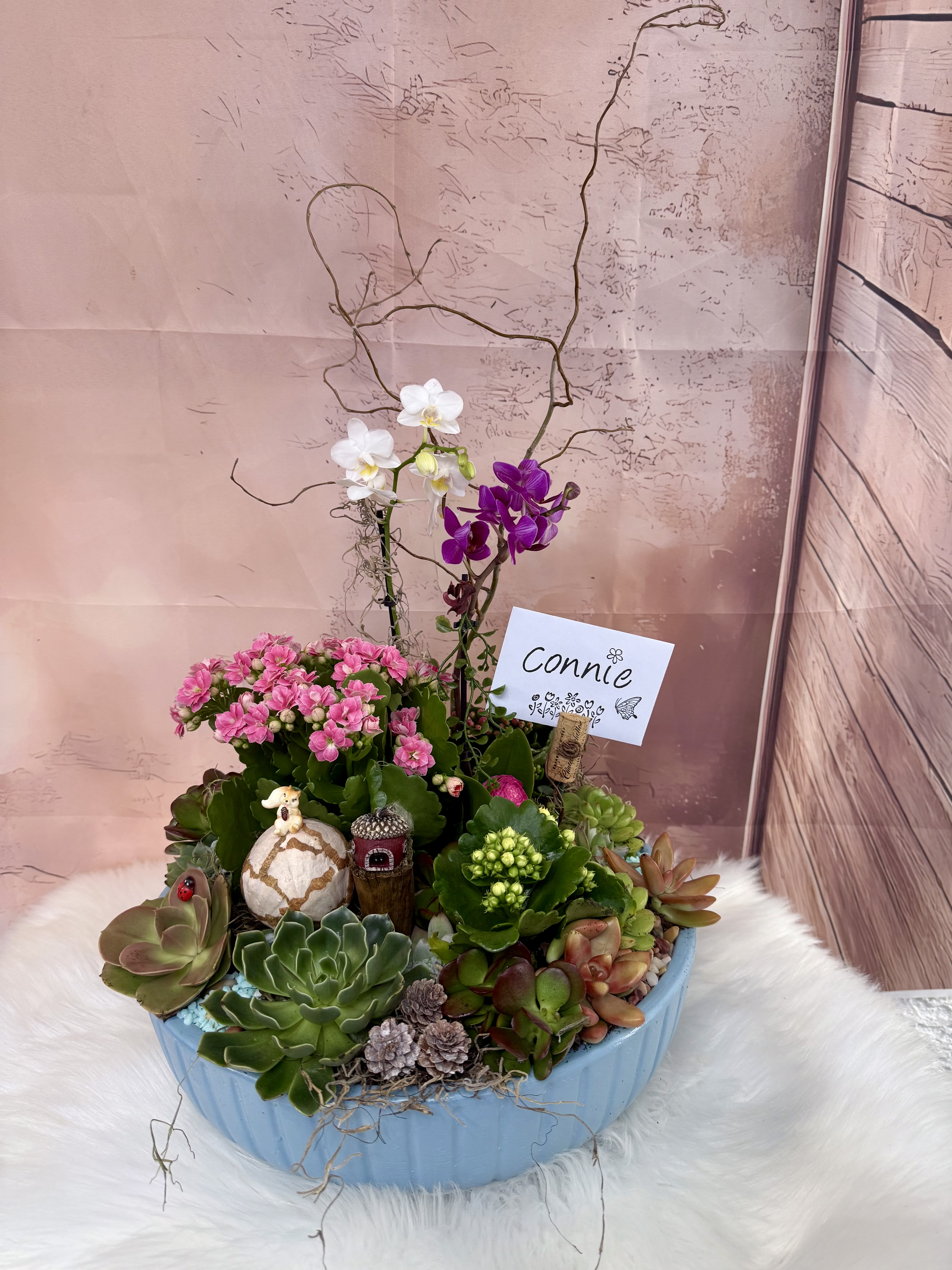 Golden Orchid Oasis - A modern, nature-inspired arrangement featuring a vibrant yellow and magenta orchid as its focal point, beautifully complemented by a curated mix of lush succulents. Designed in a sleek glass bowl, this piece is accented with natural textures like pampas grass, decorative branches, and preserved moss for a balanced, earthy elegance. Perfect for adding a touch of sophistication and tranquility to any space, this arrangement combines long-lasting beauty with contemporary style.