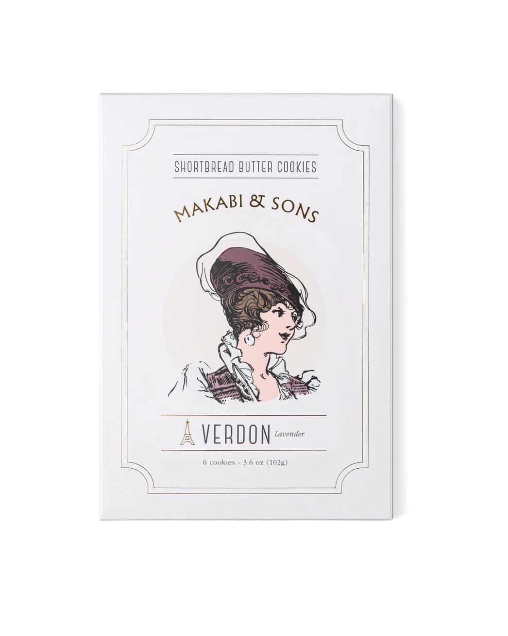 Box of lavender shortbread butter cookies with a vintage-style illustration