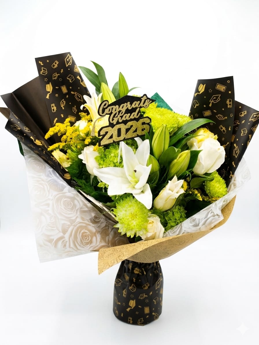 Custom Graduation Wrapped Bouquet - A Seasonal Wrap of flowers adorned with Graduation Flair and To Match School Colors -- specify color selection in special instructions or call our shop for more options