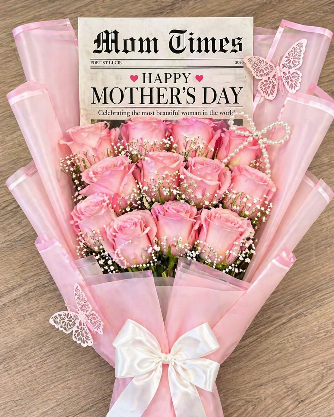 MOM TIMES - A dozen vibrant roses, elegantly arranged in newspaper print, with "Be My Valentine" message.