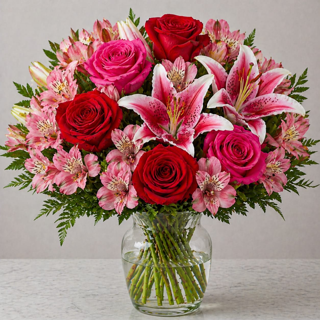 Queen City Luxe Rose &amp; Lily Bouquet - Bold, romantic, and undeniably elegant — our Queen City Luxe Rose &amp; Lily Bouquet is designed to make a lasting impression. Featuring rich red roses, vibrant hot pink roses, fragrant pink stargazer lilies, and delicate alstroemeria accents, this arrangement delivers a stunning blend of color, texture, and luxury.  Handcrafted in a clear glass vase with lush greenery, this bouquet offers a full, premium presentation that’s perfect for Mother’s Day, anniversaries, romantic gifts, or special celebrations. The striking combination of reds and pinks makes it a top choice for customers searching for luxury flower delivery near me or same-day rose delivery in Charlotte, NC.
