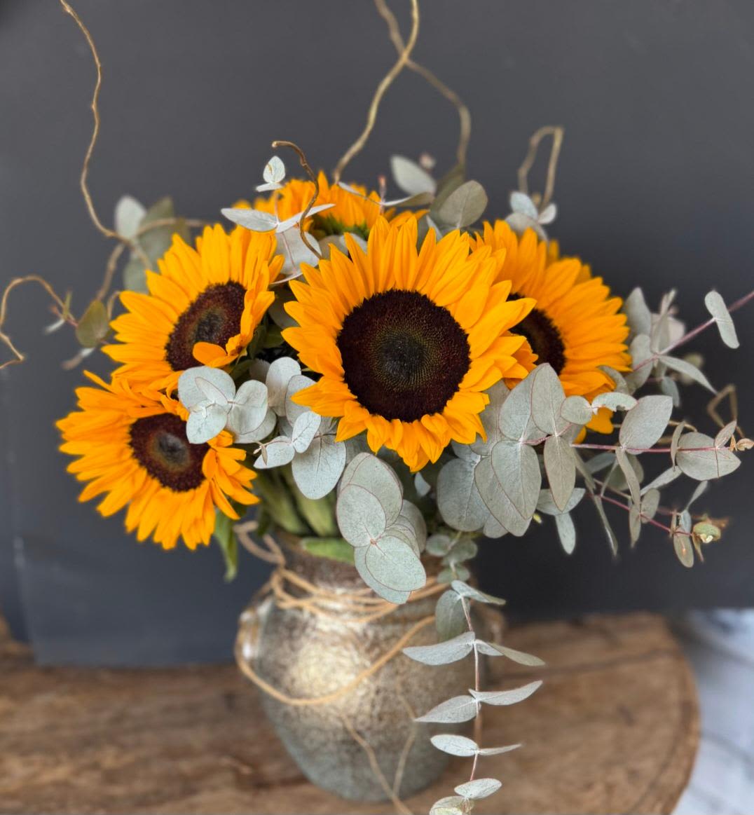 Golden Harvest Sunflower  - Bright sunflowers paired with soft eucalyptus for a simple, warm, and natural look.