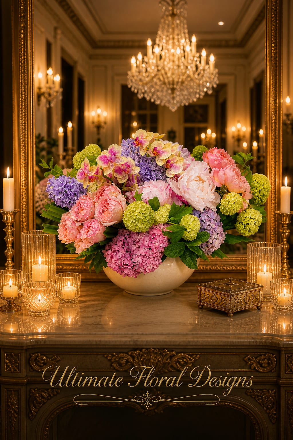 Where Petals Dream - Website Description: A luxurious pastel floral arrangement designed with soft pink roses, lavender hydrangea, green viburnum, creamy orchids, and fresh seasonal blooms. Styled with elegance and romance, this design brings a glowing, candlelit beauty to any home, celebration, or special gift.
