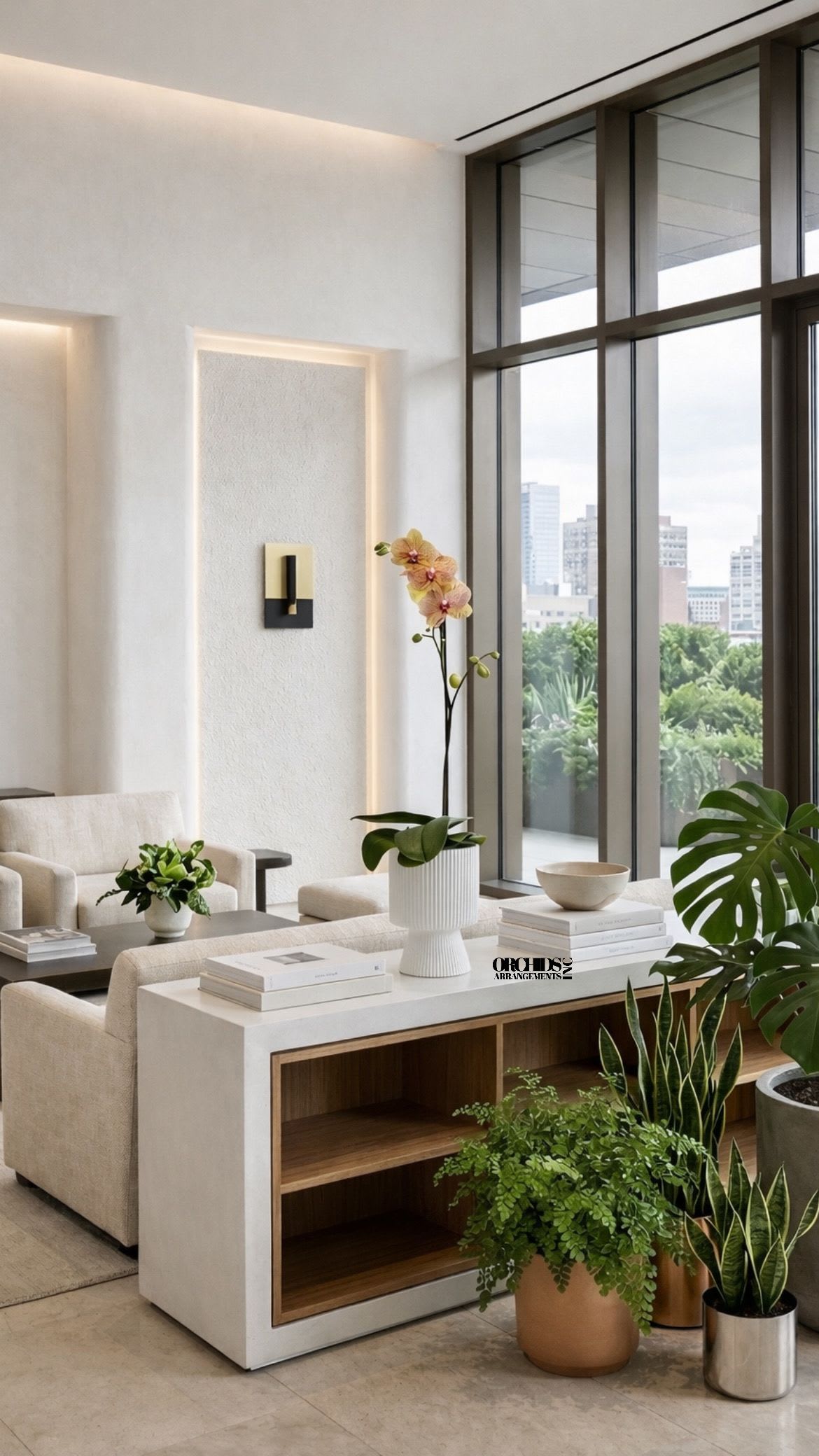 Potted orchid arrangement in a white ribbed planter in a modern room