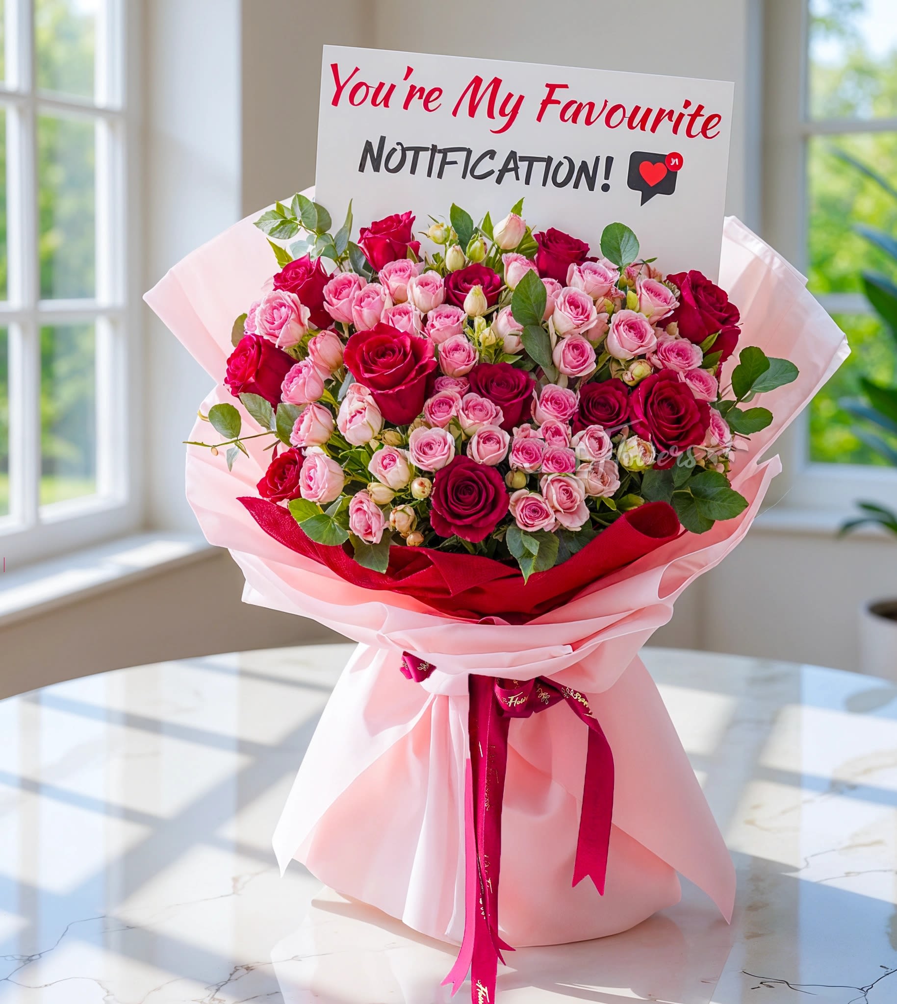 Bouquet of pink and red roses with a greeting card