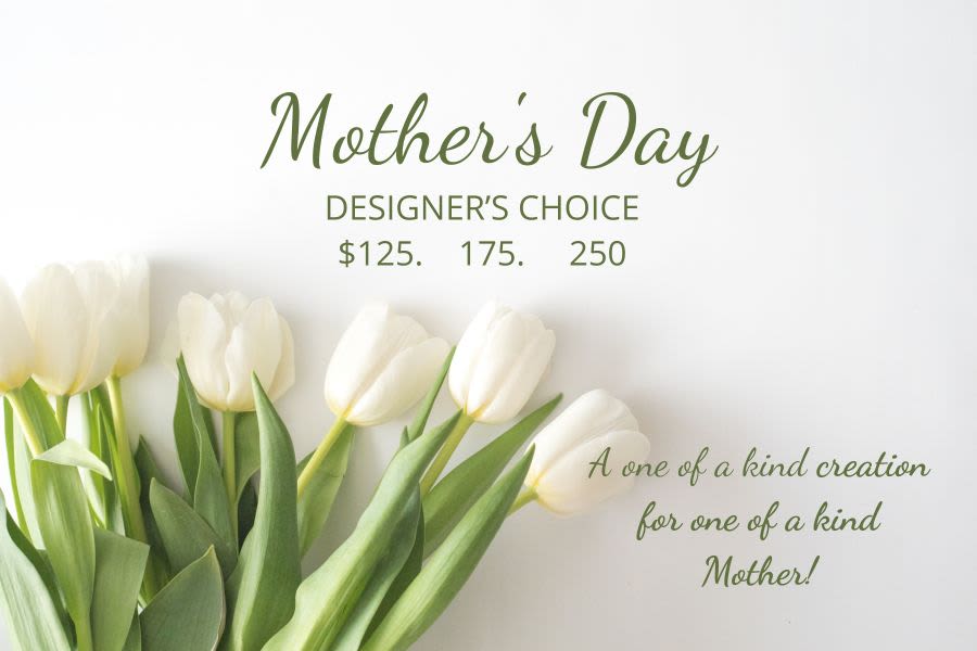        Mother's Day Designer's Choice - Let the creative hands of our experienced designers craft something truly special and one of a kind for this meaningful occasion.  Share a few favorite colors or flowers, and we will thoughtfully create a beautiful arrangement tailored to your style and budget.