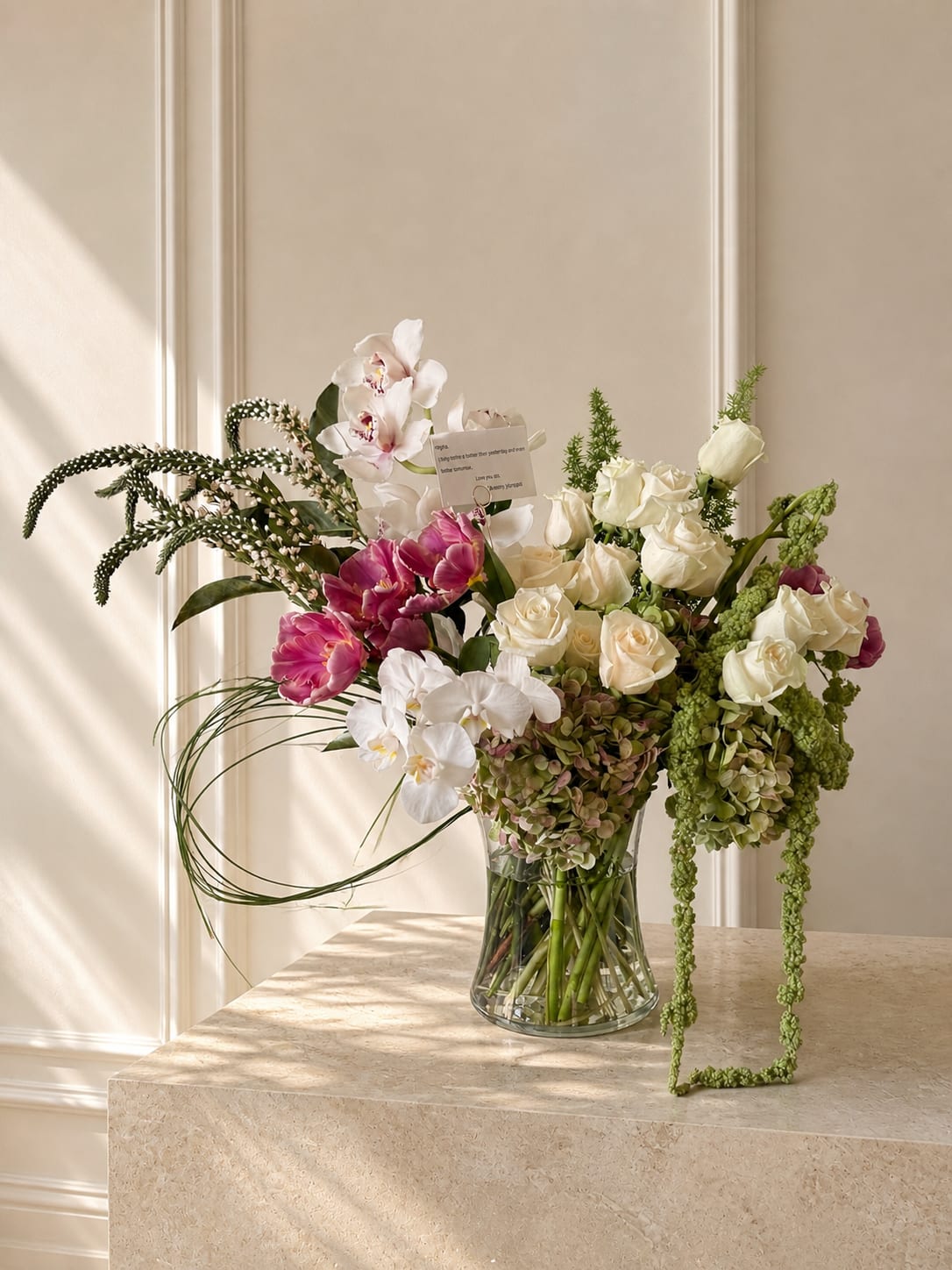 Haven - Beautiful white and pink arrangement with a touch of luxury 