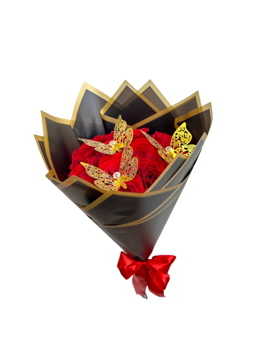 Bouquet of red roses wrapped in black paper with gold trim and butterfly decorations
