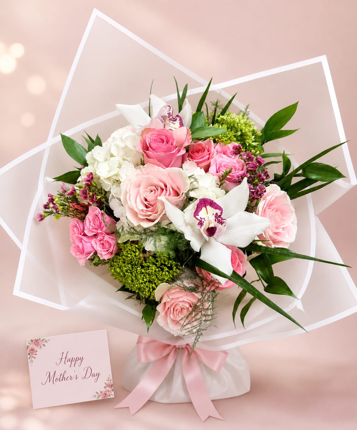 A graceful Mother’s Day bouquet  - A soft, feminine arrangement that reads as both elegant and affectionate-the Mother's Day bouquet is built to make her feel seen and celebrated. This Mother's Day bouquet pairs pink roses and white hydrangea clusters with white orchids that have magenta centers, creating a lush, rounded presentation perfect for honoring a mother, grandmother, or maternal figure on Mother's Day or a special birthday.  The mix of blooms brings varied texture and movement: velvety rose petals, voluminous hydrangea heads, and sculptural orchid blooms accented by bright green filler flowers and leafy greenery for contrast. The stems are wrapped in translucent white floral paper and tied with a pink satin ribbon for a polished, gift-ready finish; a greeting card that reads "Happy Mother's Day" is included to convey your message.  This arrangement feels like the kind of bouquet that makes her pause and smile-gentle, joyful, and thoughtfully composed for the person you're honoring. It arrives ready to display; trim stems and place in fresh water on delivery to help blooms last longer.