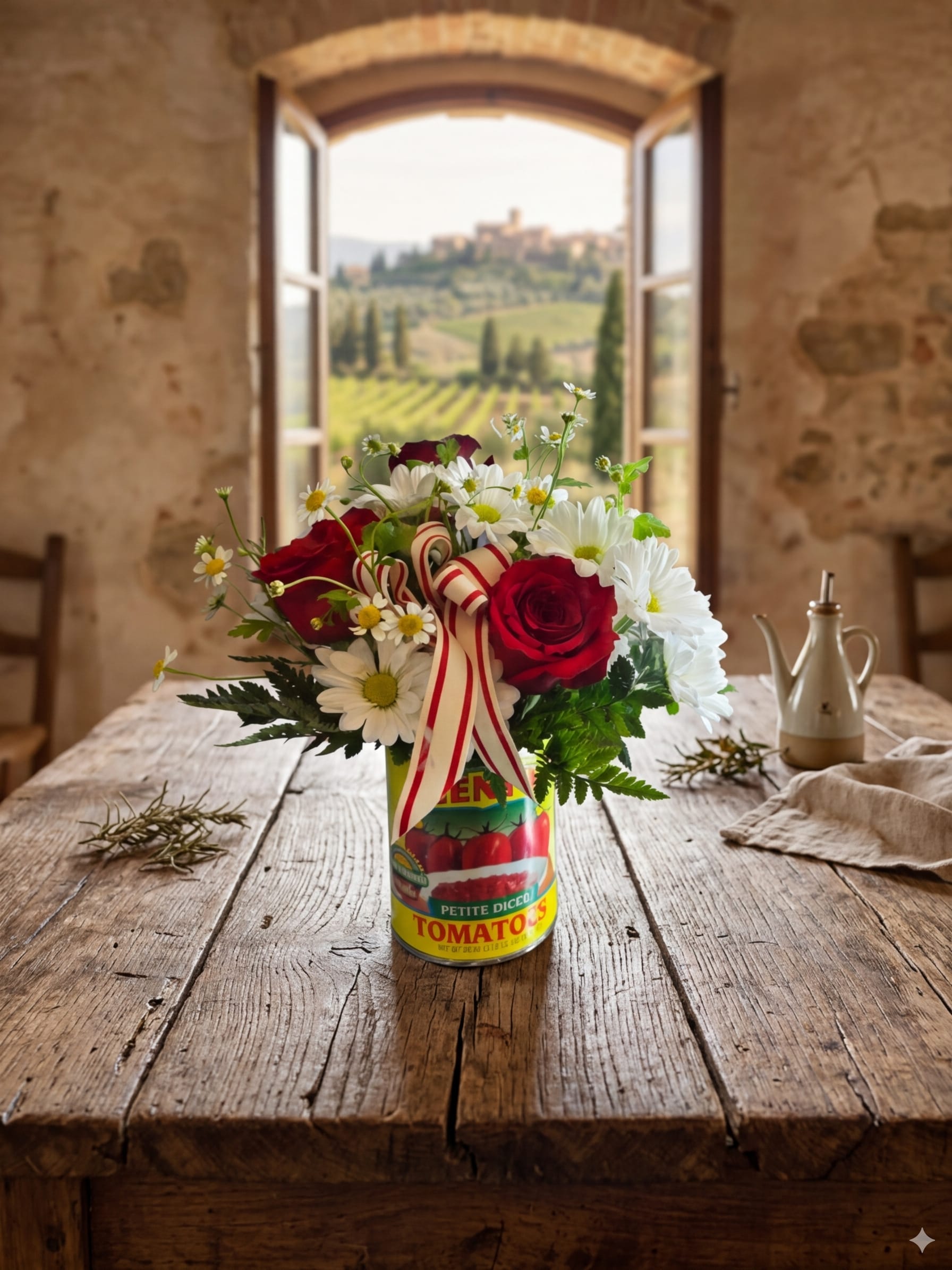Momma Mia!  - Yep, thats a tomato can, filled with cheerful daisies, and 6 red roses, just like Nana use to make! A favorite of ours, just simple and fun! 