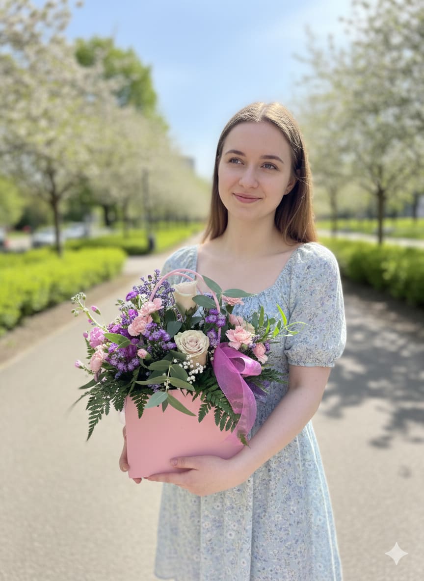 Woman holding a pink box of mixed pink and purple flowers