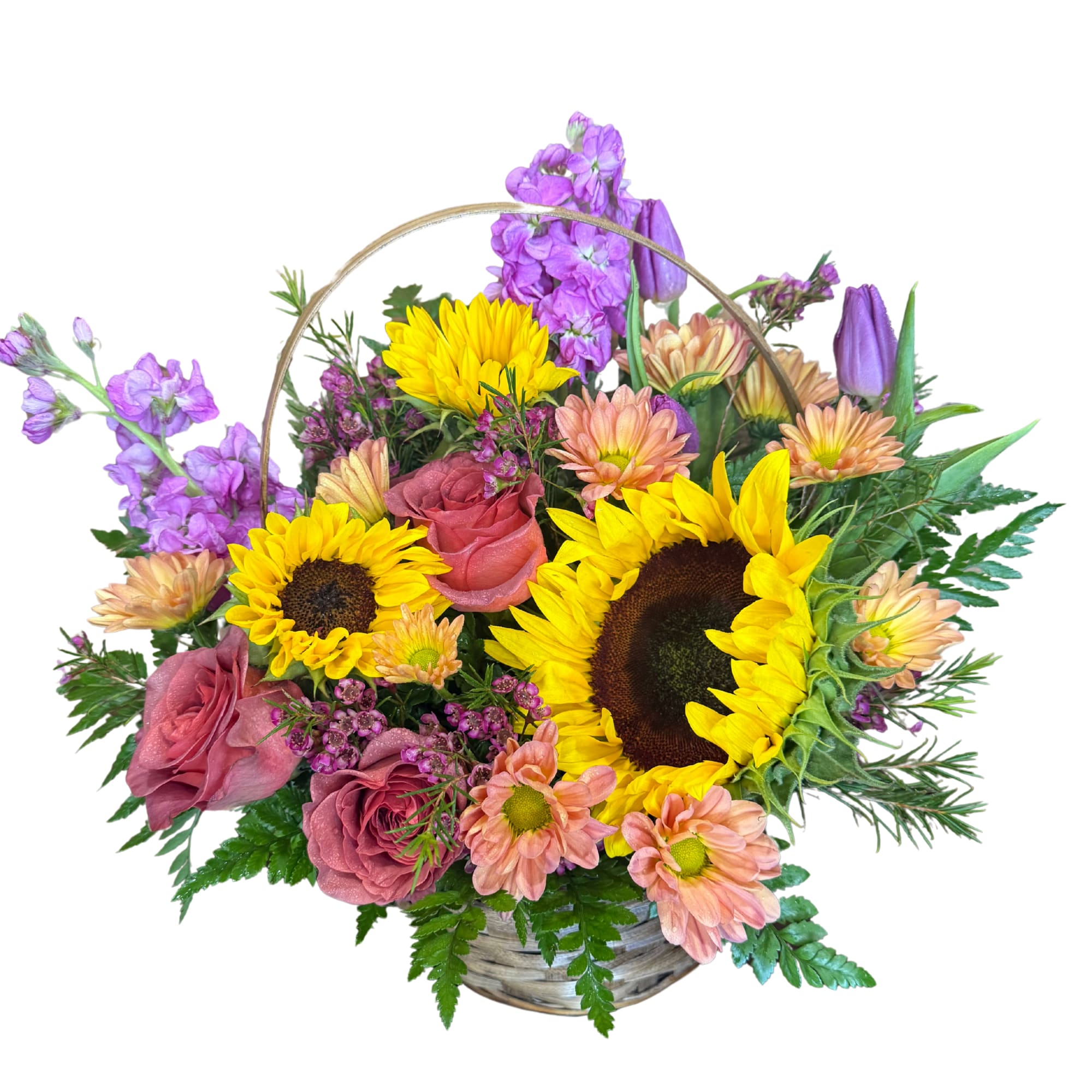 Golden Meadow  - Beautiful basket filled with sunflowers, tulips and more!