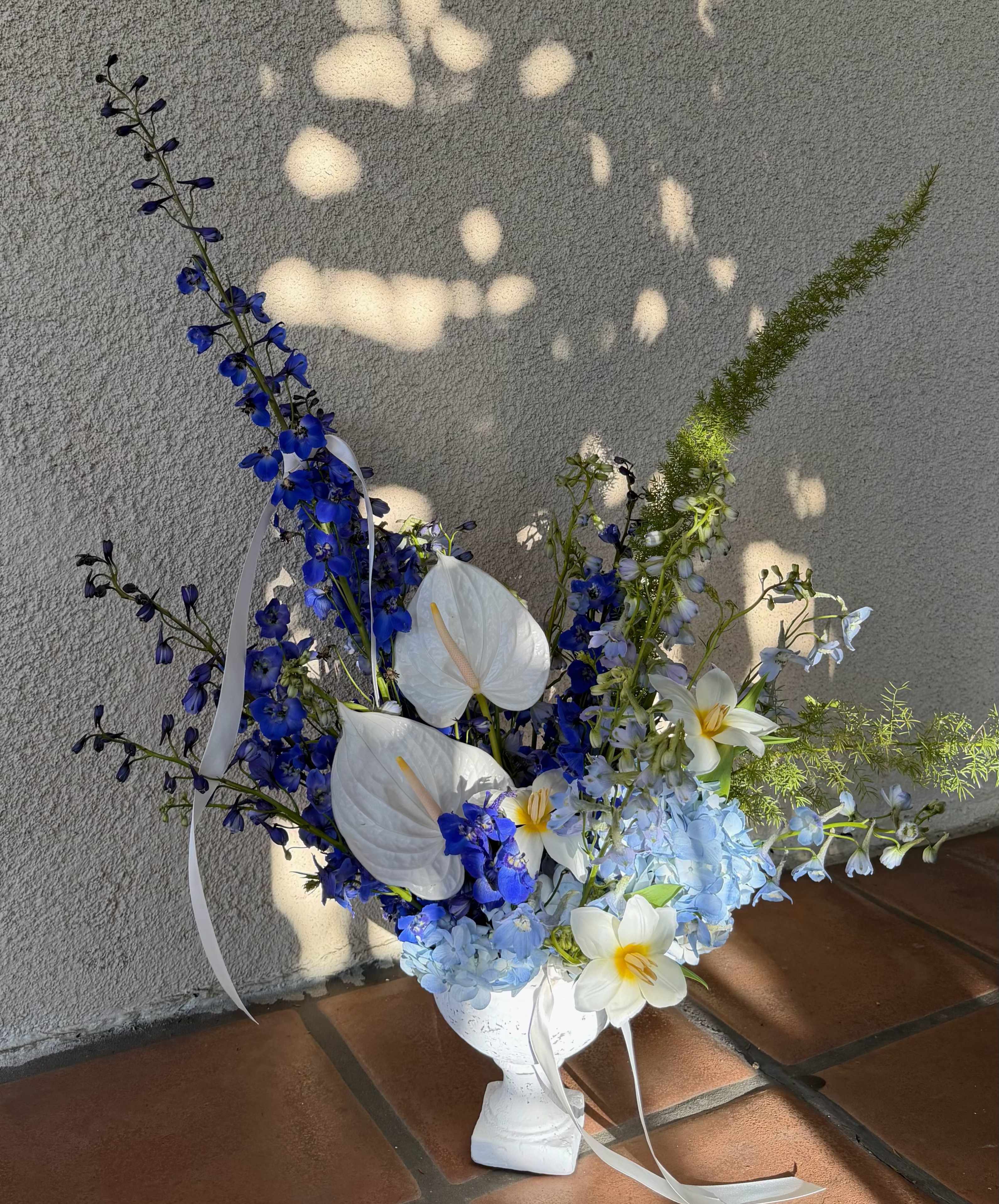 Azur Touch - Stunning ceramic vase of Delphinium, and other mixed flowers