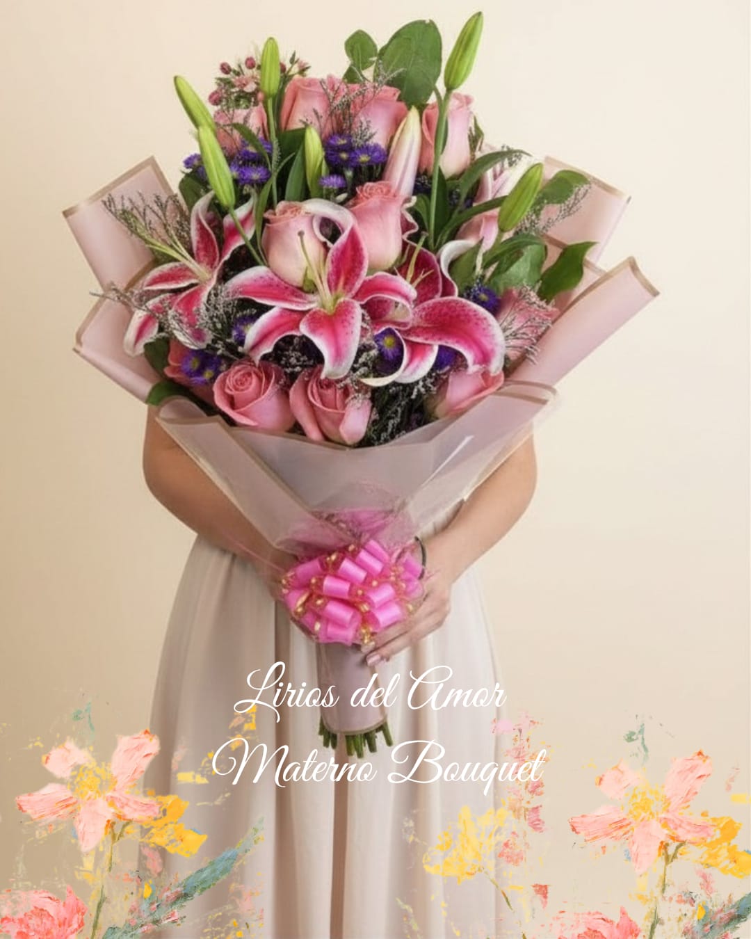 Lirios del Amor Materno Bouquet - A delicate and meaningful arrangement, created to honor the purest love: a mother's love. This beautiful bouquet features 12 light pink roses and 3 lilies, an elegant combination that conveys tenderness, gratitude, and unconditional love.   The light pink roses symbolize sweetness, admiration, and deep affection, while the lilies bring purity, elegance, and a touch of distinction that elevates this floral design.