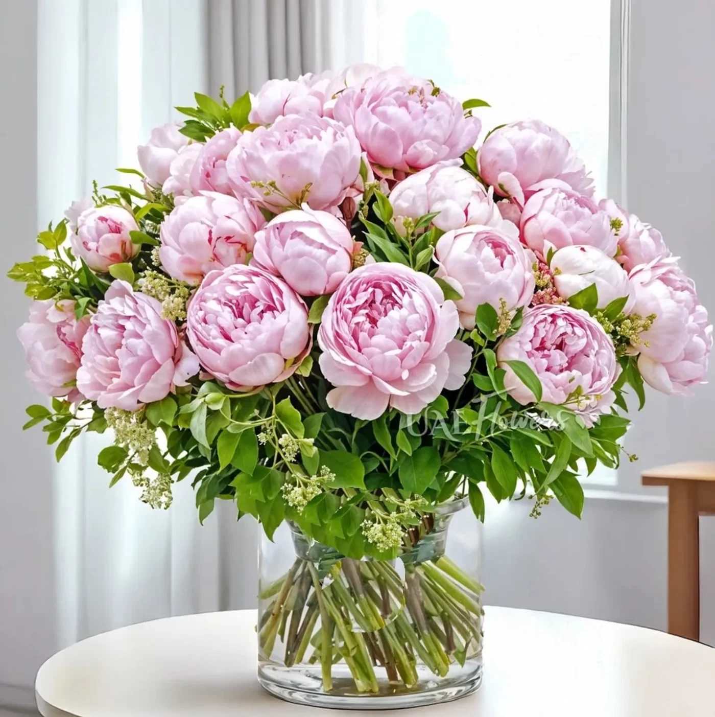 Pink peonies arranged in a clear glass vase with greenery