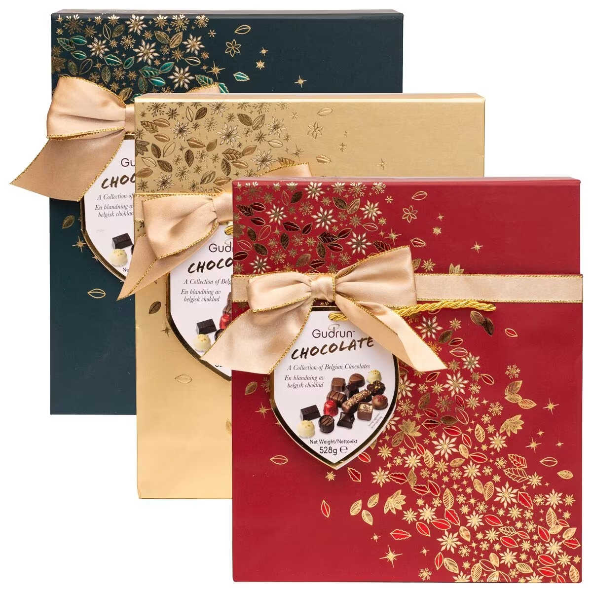 Three decorative chocolate gift boxes with ribbon bows
